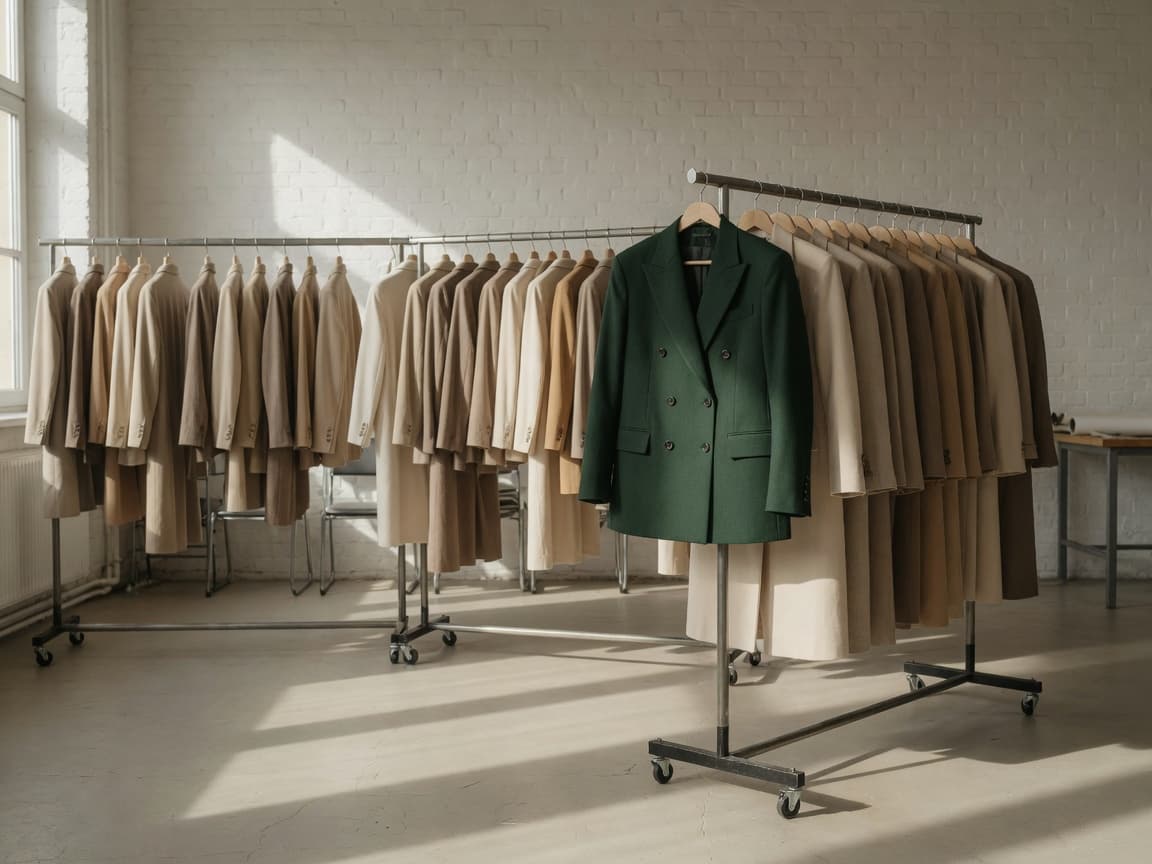 A rail of camel and stone tailoring in a sunlit studio, with a single dark green double-breasted blazer hung forward on its own