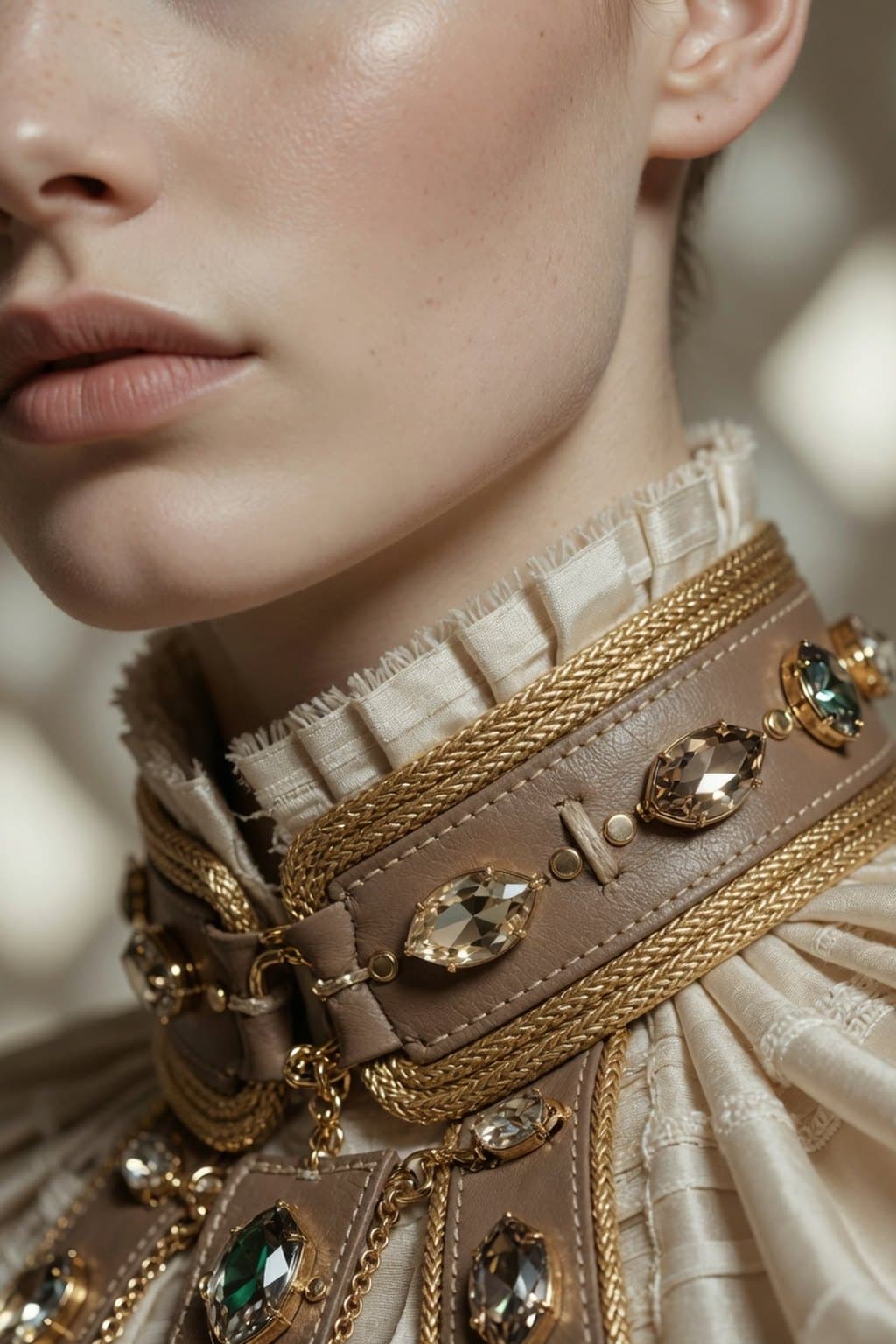 A jewelled collar and layered gold chains at the throat, shot close on bare skin - rendered by McLeuker AI