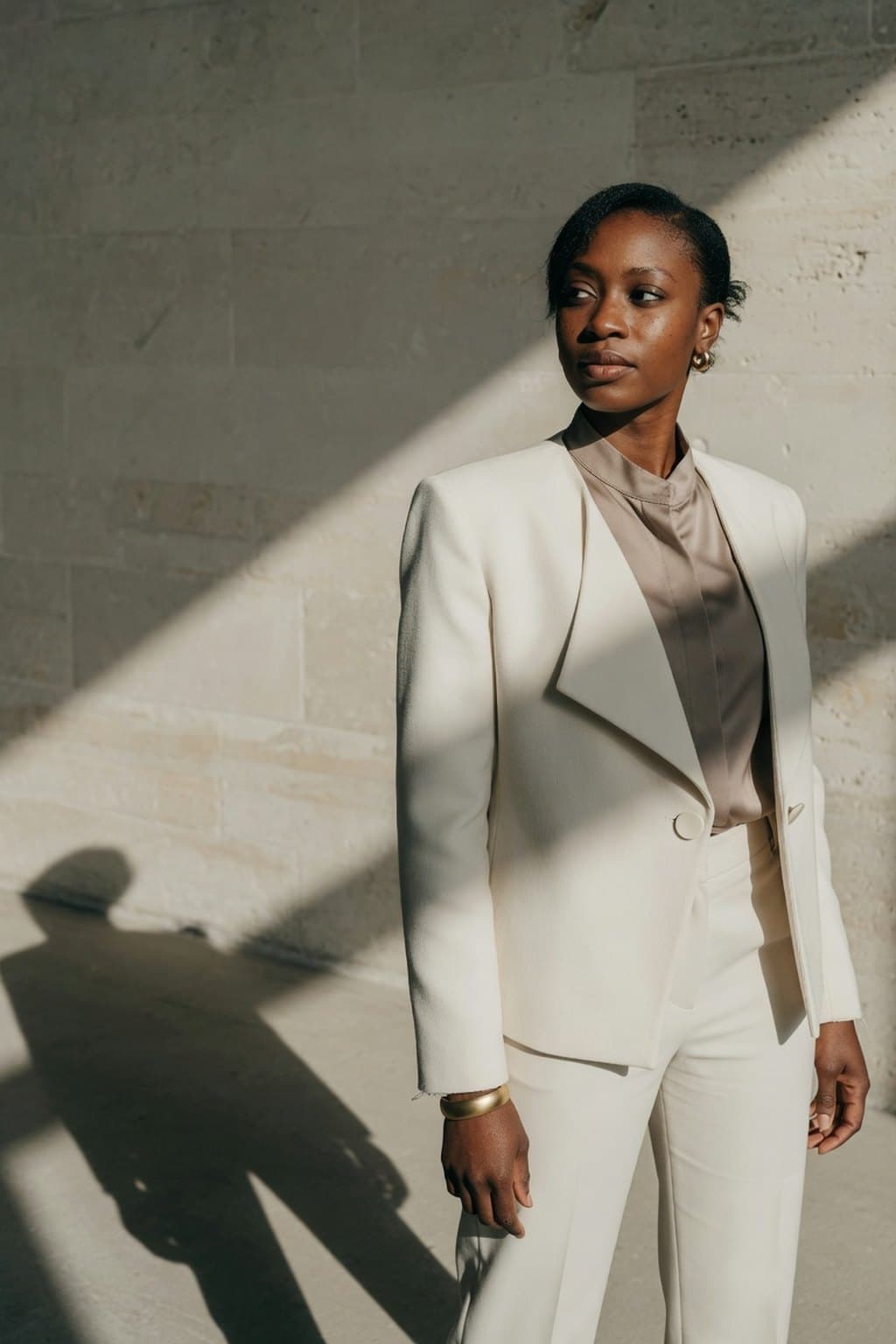 A cream tailored suit against a sunlit stone wall, cut by a hard diagonal shadow - rendered by McLeuker AI
