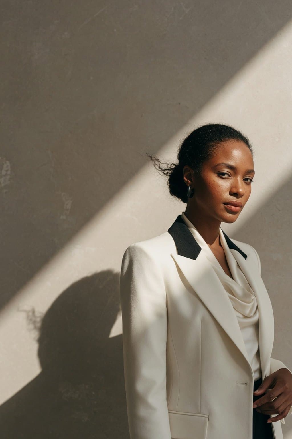 A cream tailored suit against a sunlit stone wall, cut by a hard diagonal shadow - rendered by McLeuker AI