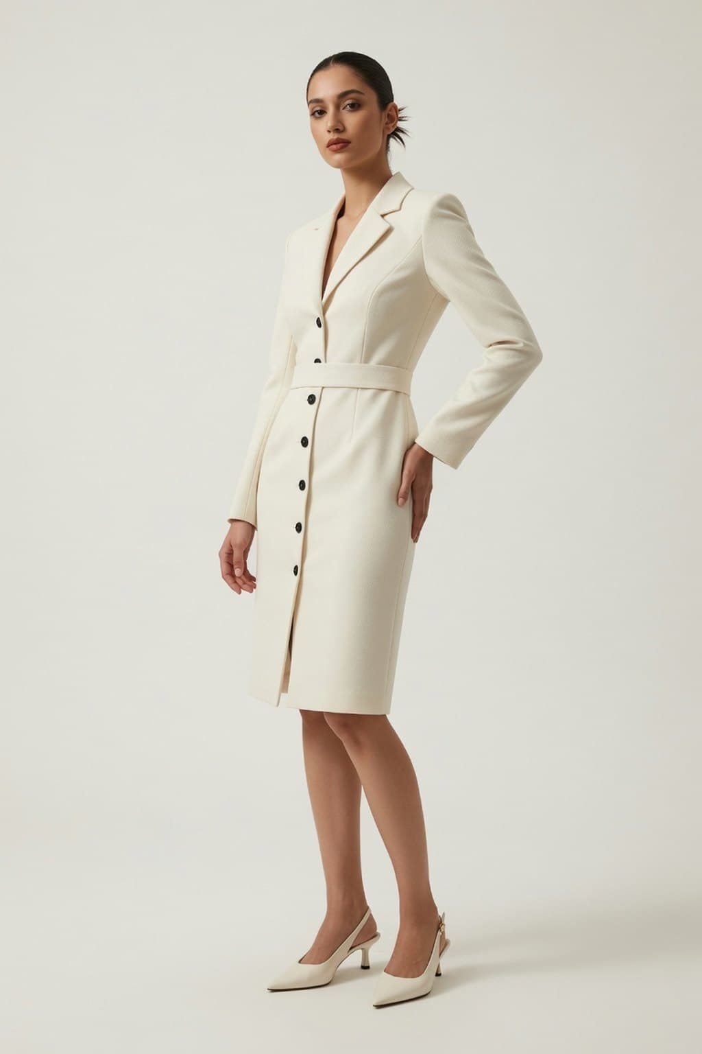 A cream belted shirt-dress photographed full length on a plain studio sweep - rendered by McLeuker AI