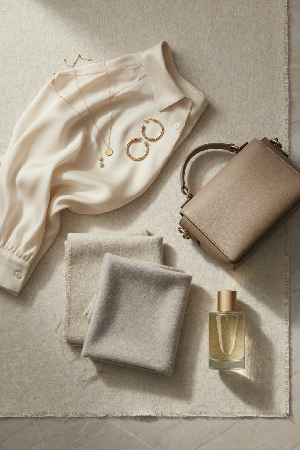 A cream silk shirt, folded cashmere, gold hoops and a fragrance bottle arranged top-down on linen - rendered by McLeuker AI