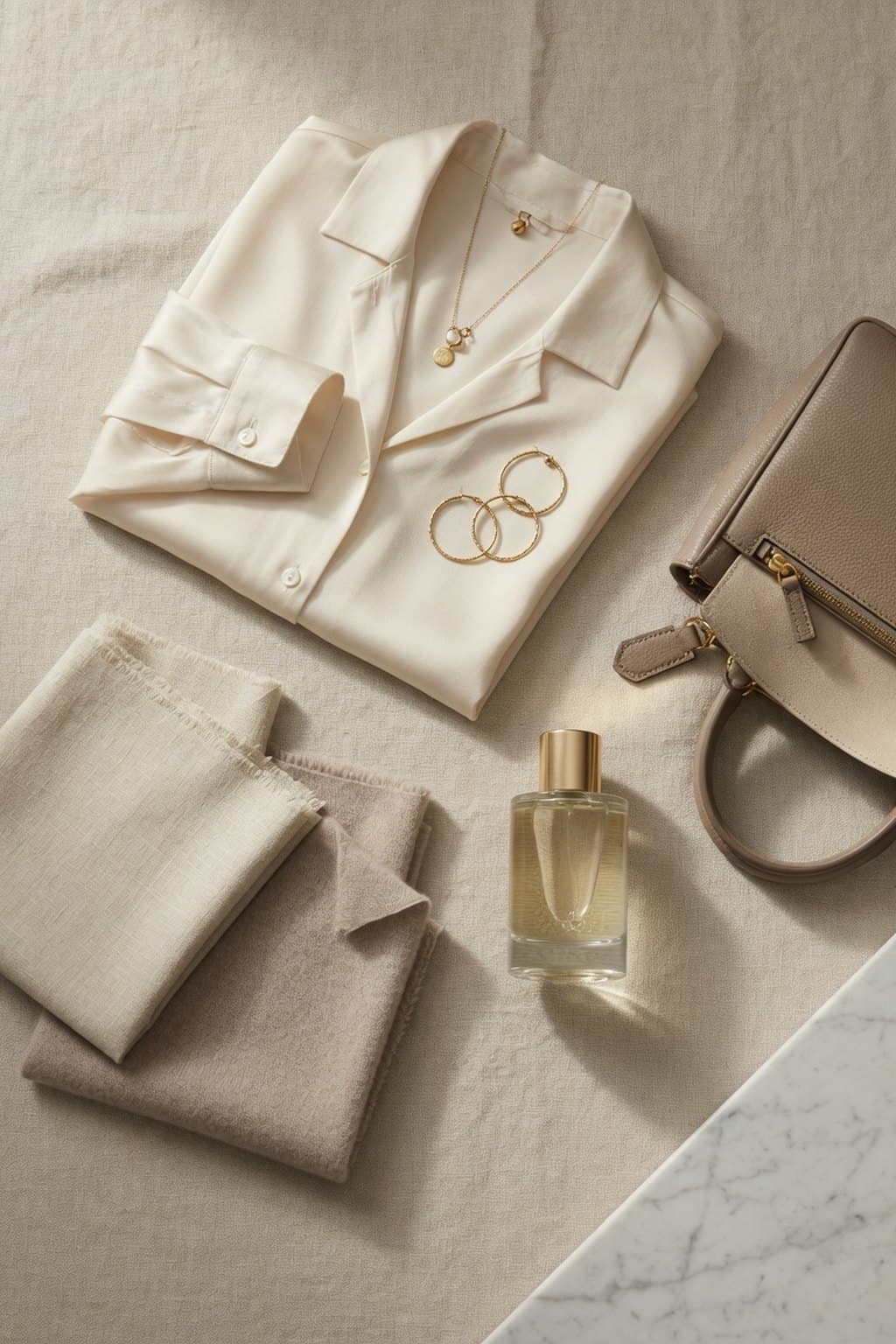 A cream silk shirt, folded cashmere, gold hoops and a fragrance bottle arranged top-down on linen - rendered by McLeuker AI