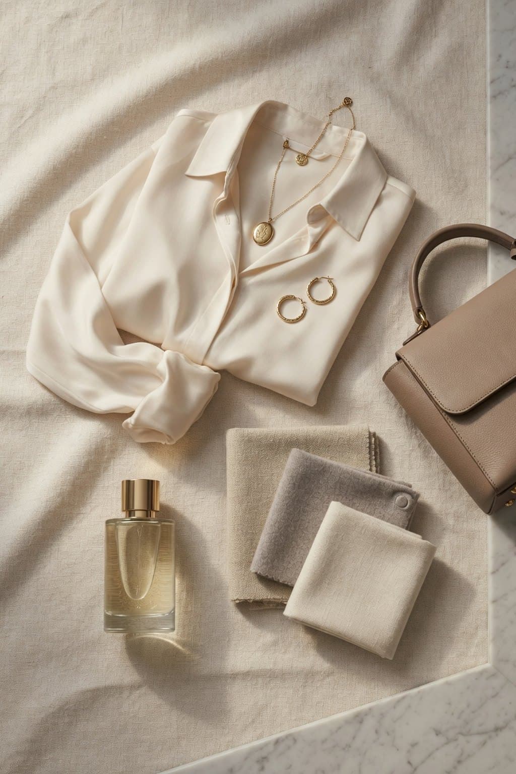 A cream silk shirt, folded cashmere, gold hoops and a fragrance bottle arranged top-down on linen - rendered by McLeuker AI