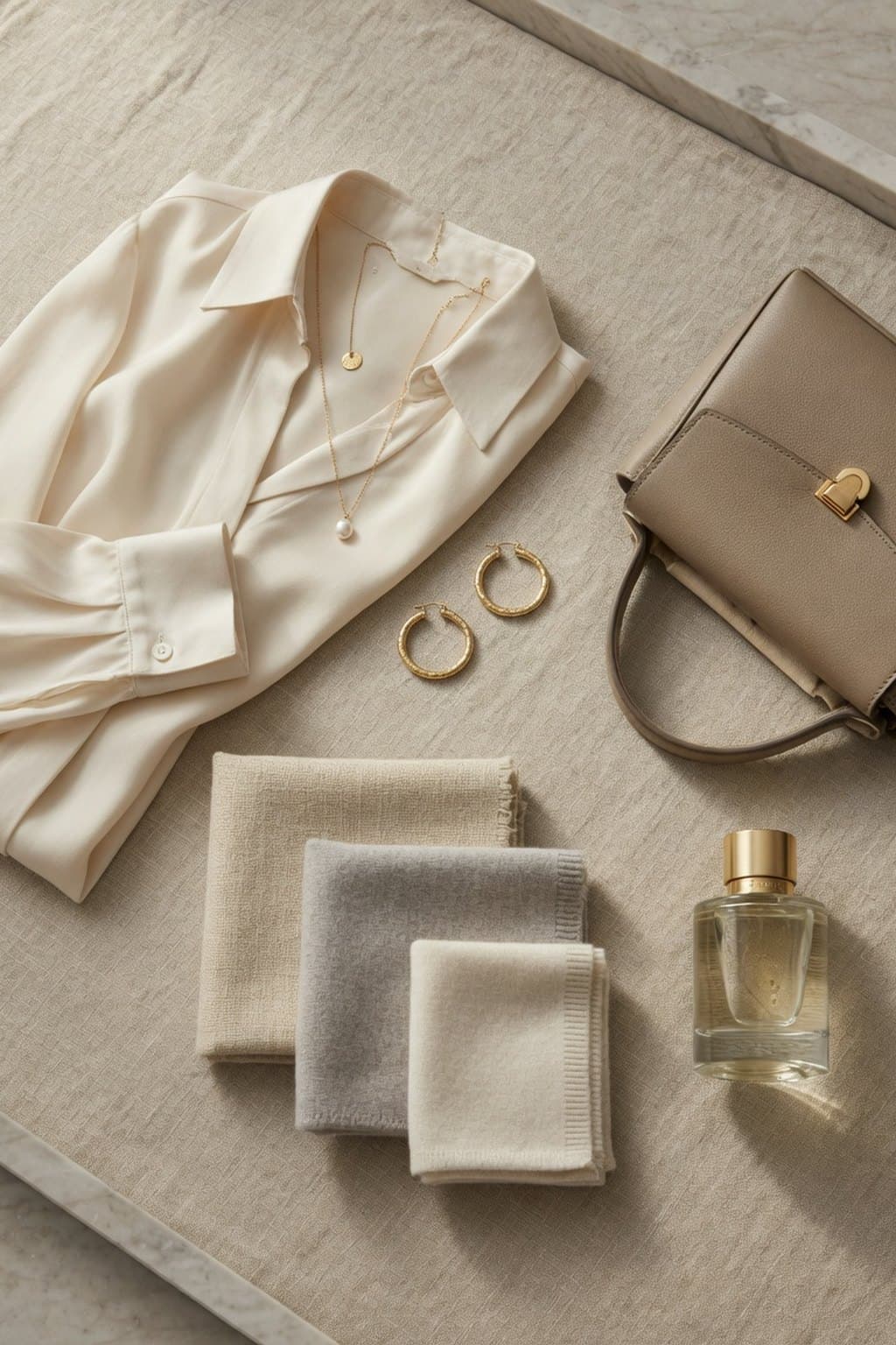 A cream silk shirt, folded cashmere, gold hoops and a fragrance bottle arranged top-down on linen - rendered by McLeuker AI