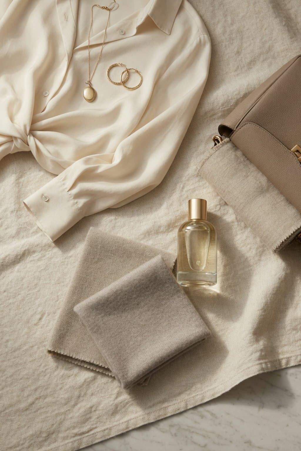 A cream silk shirt, folded cashmere, gold hoops and a fragrance bottle arranged top-down on linen - rendered by McLeuker AI
