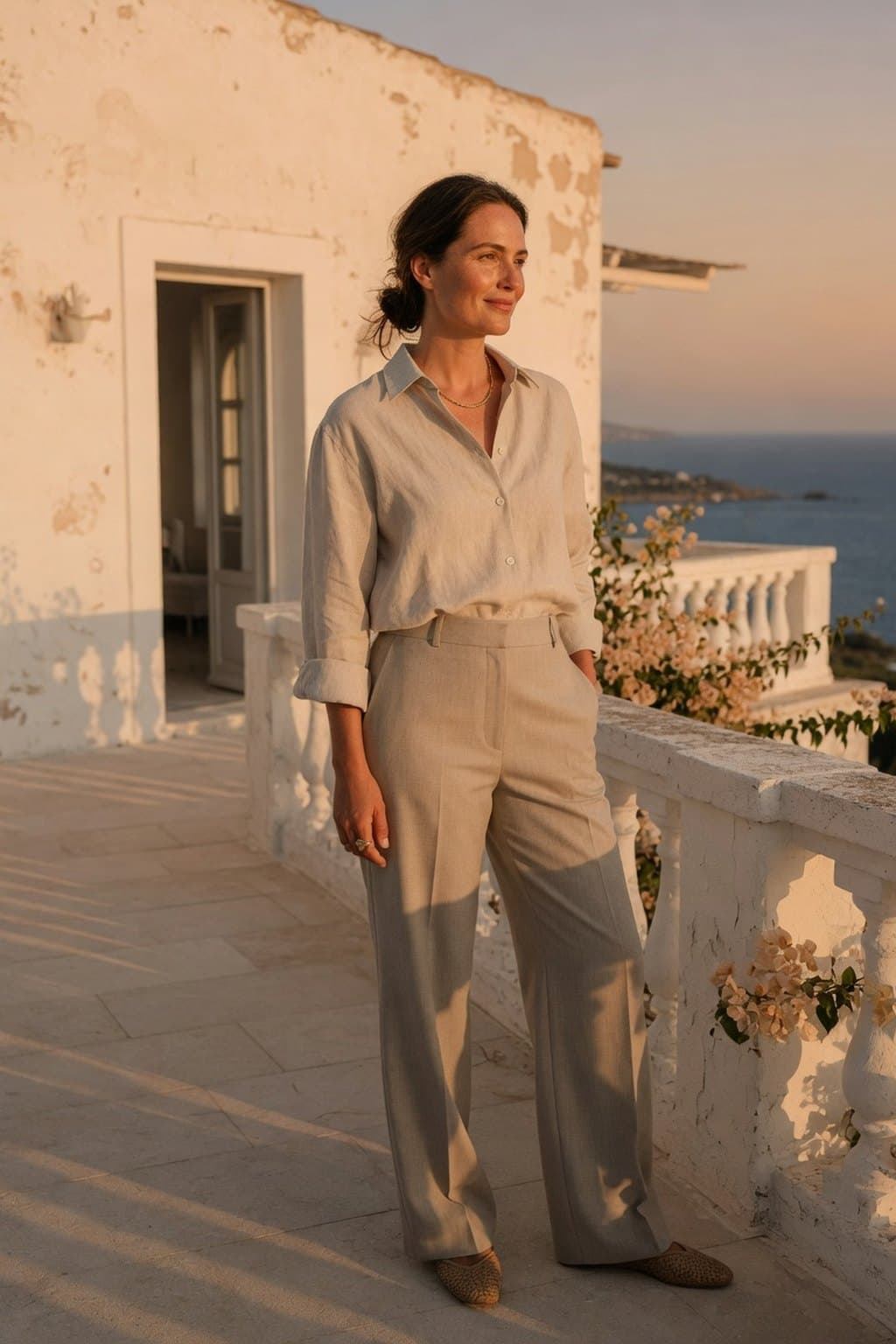 Linen shirt and wide trousers on a whitewashed terrace above the sea at golden hour - rendered by McLeuker AI