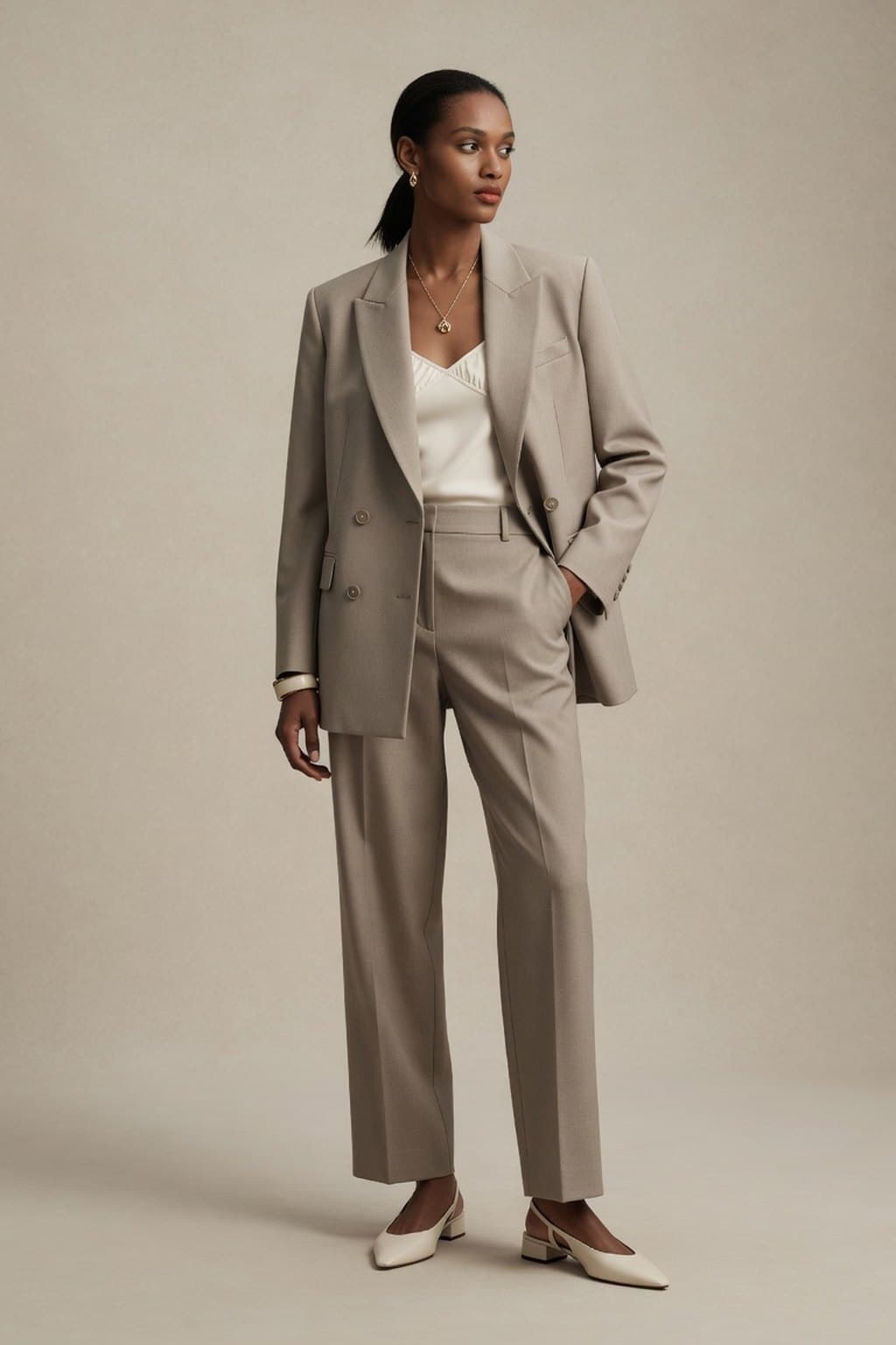 A taupe tailored trouser suit shot full length on a warm seamless ground - rendered by McLeuker AI