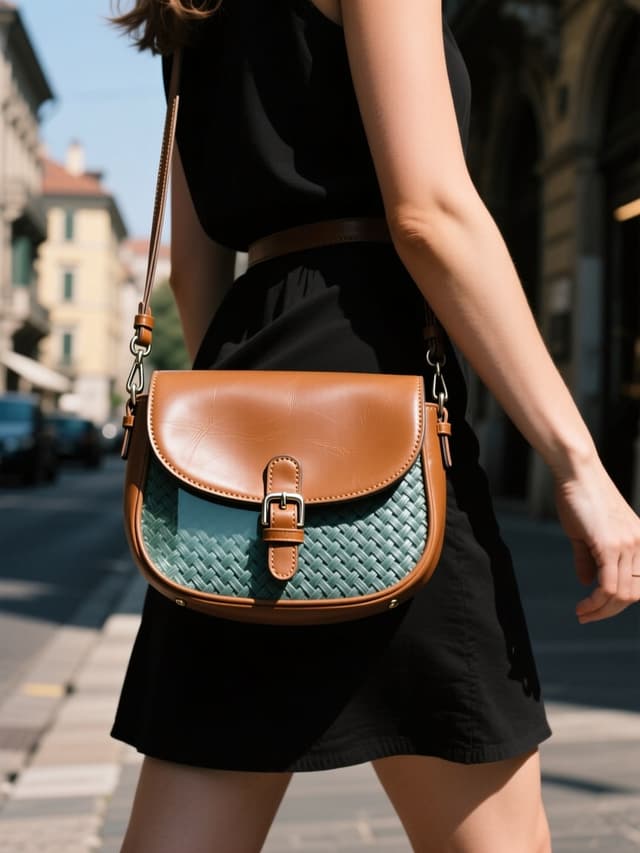 The same crossbody bag in daylight on a street, made from the one product photo