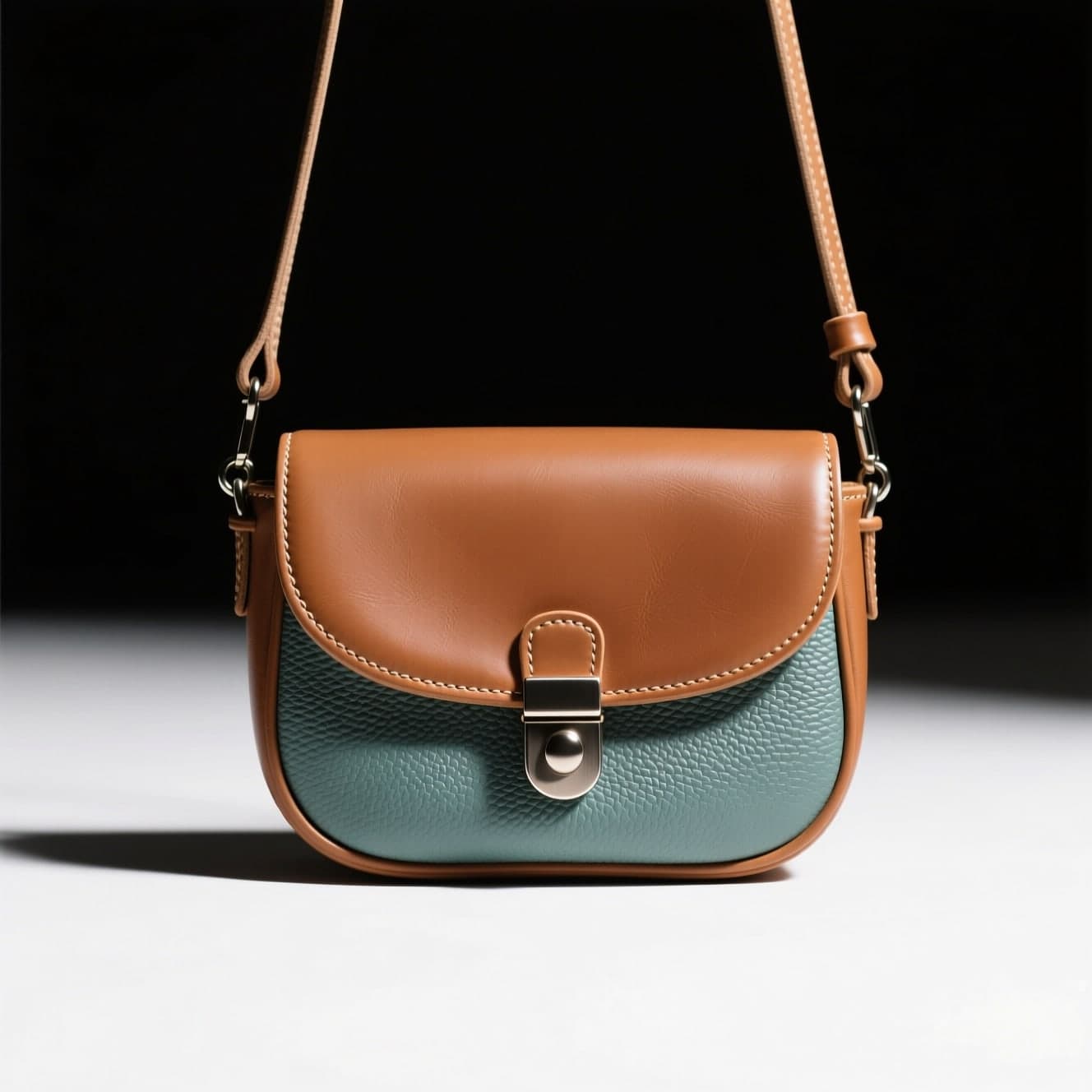 A tan and teal leather crossbody bag photographed plainly on a studio ground
