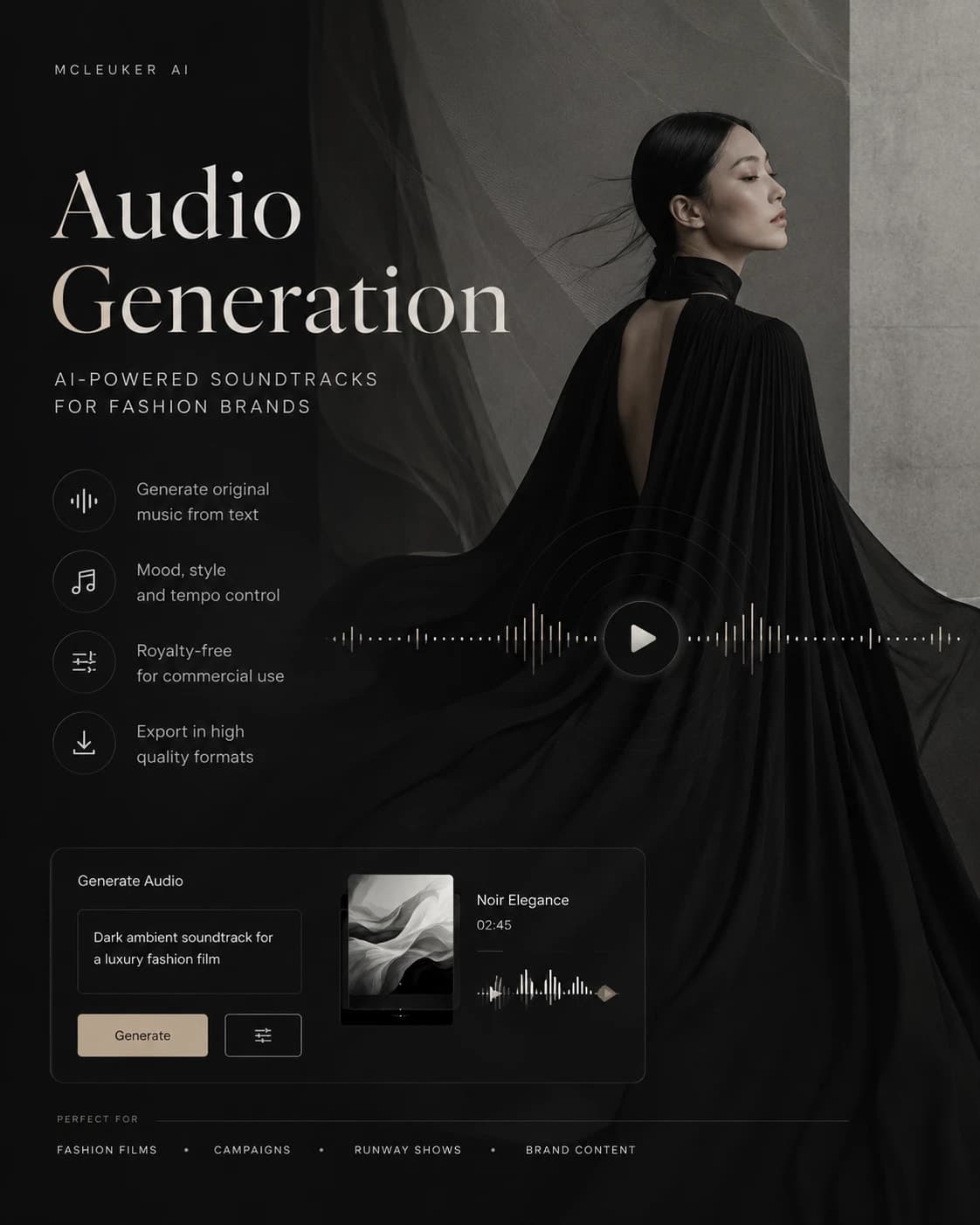 A figure in a black pleated cape turned away in a stone hall, a waveform with a play head running across the frame, and below it a panel holding a written brief and the track it returned