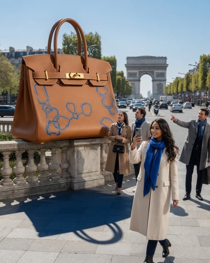 A campaign frame - a tan top-handle bag blown up to the scale of a monument on the balustrade above the Champs-Elysees, the Arc de Triomphe down the avenue behind it, and passers-by stopping to photograph it