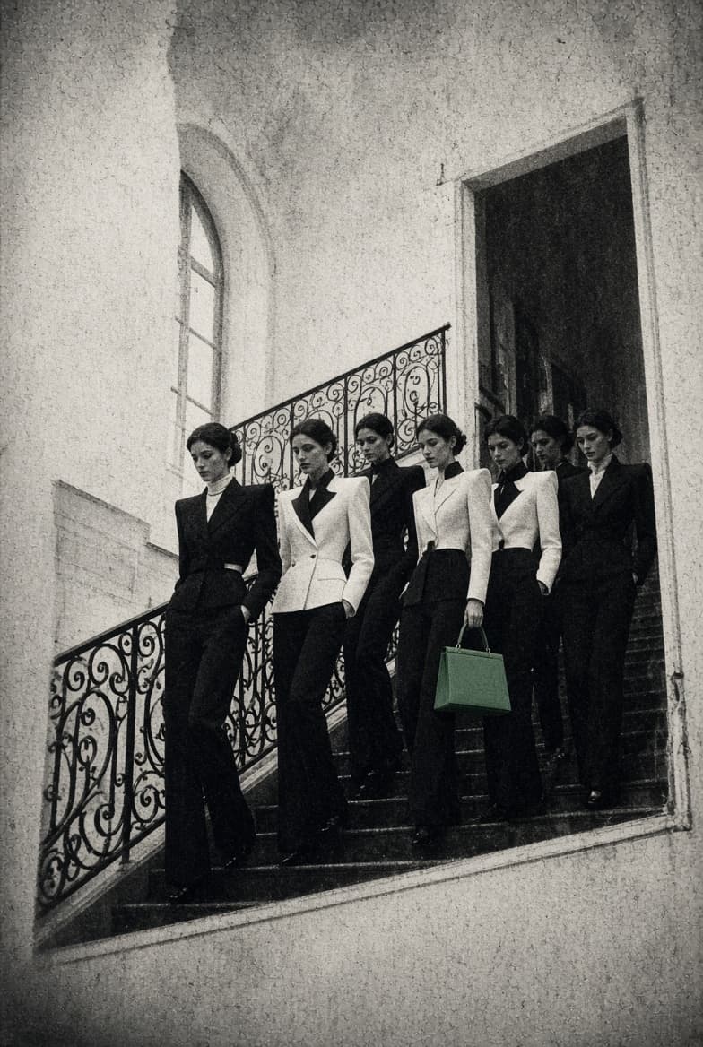 Seven looks from one tailoring collection descending a stone staircase together