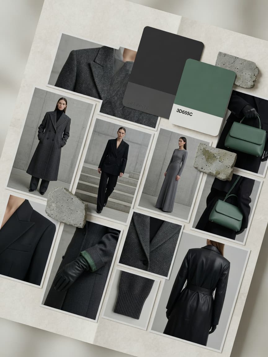 A tailoring board - looks, cloth macros, a concrete chip and the season's graphite and green swatches