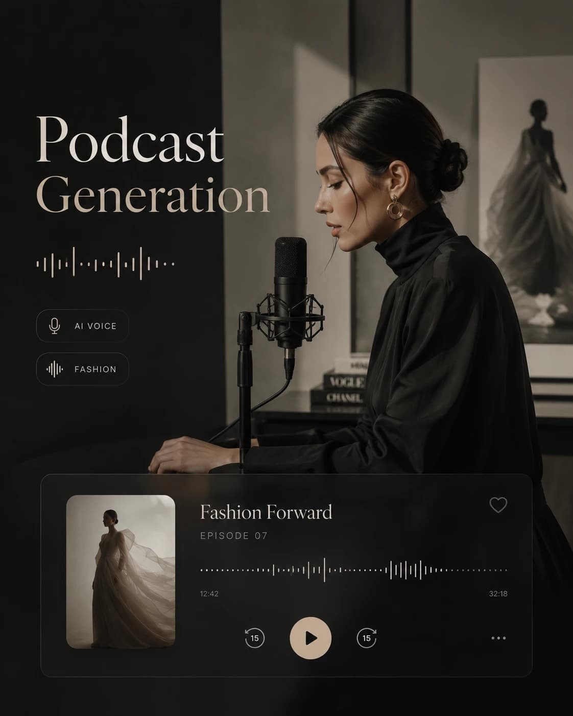 A host in black at a studio microphone in a gallery room, and below her an episode player carrying the episode title, its number, the voiced waveform and the transport controls