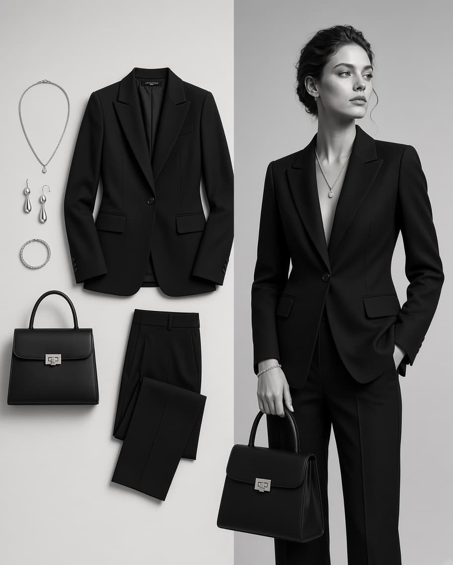 Illustration: six pieces laid flat beside the same six pieces worn by one model