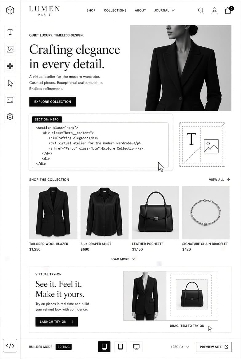 A house's site open in the BUILDER - the rendered hero and product grid on the page, and over them the hero section's own markup in an editing panel, with a try-on block wired in below