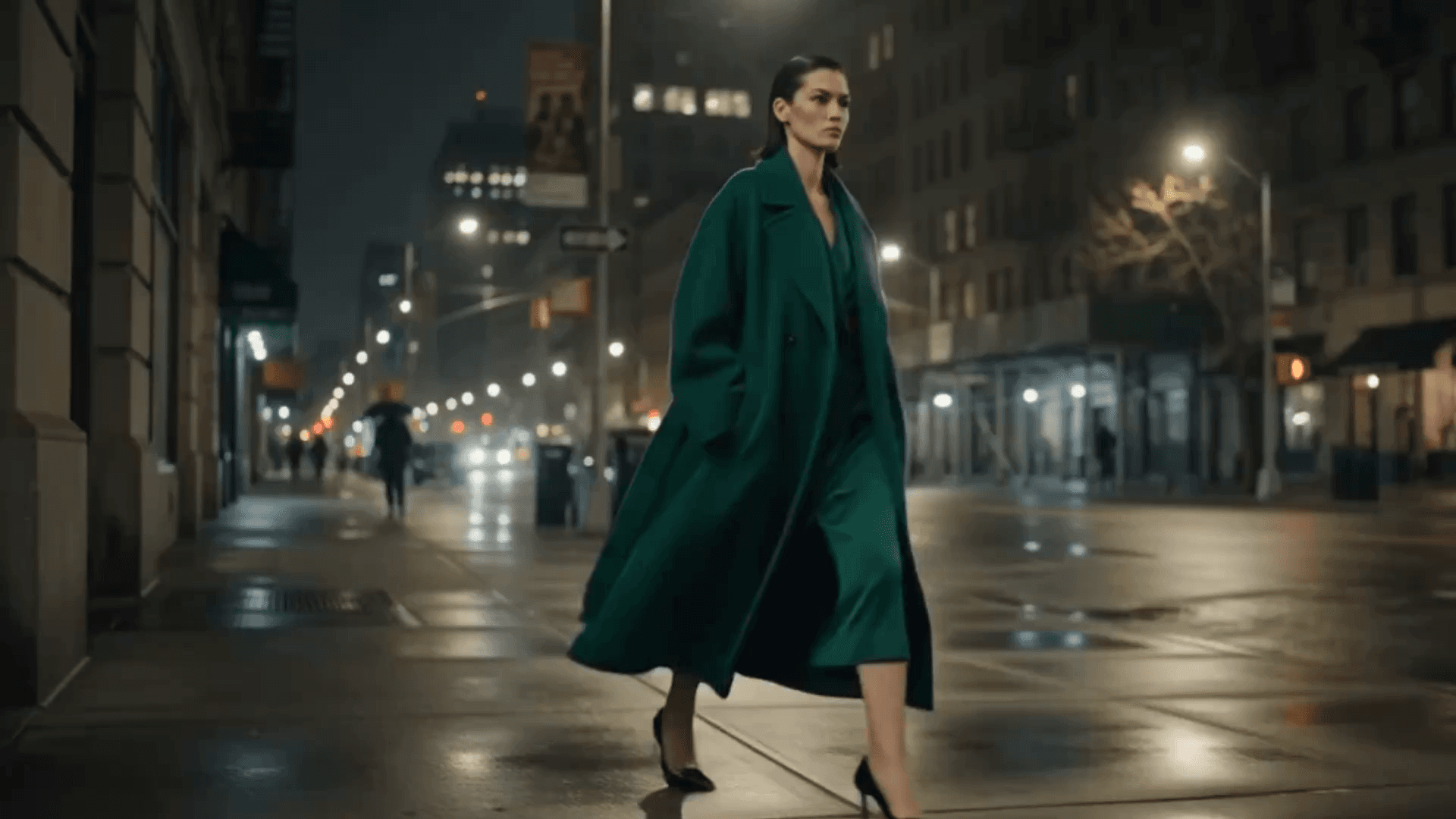 A frame from a short film on a wet night street, generated from one shot description