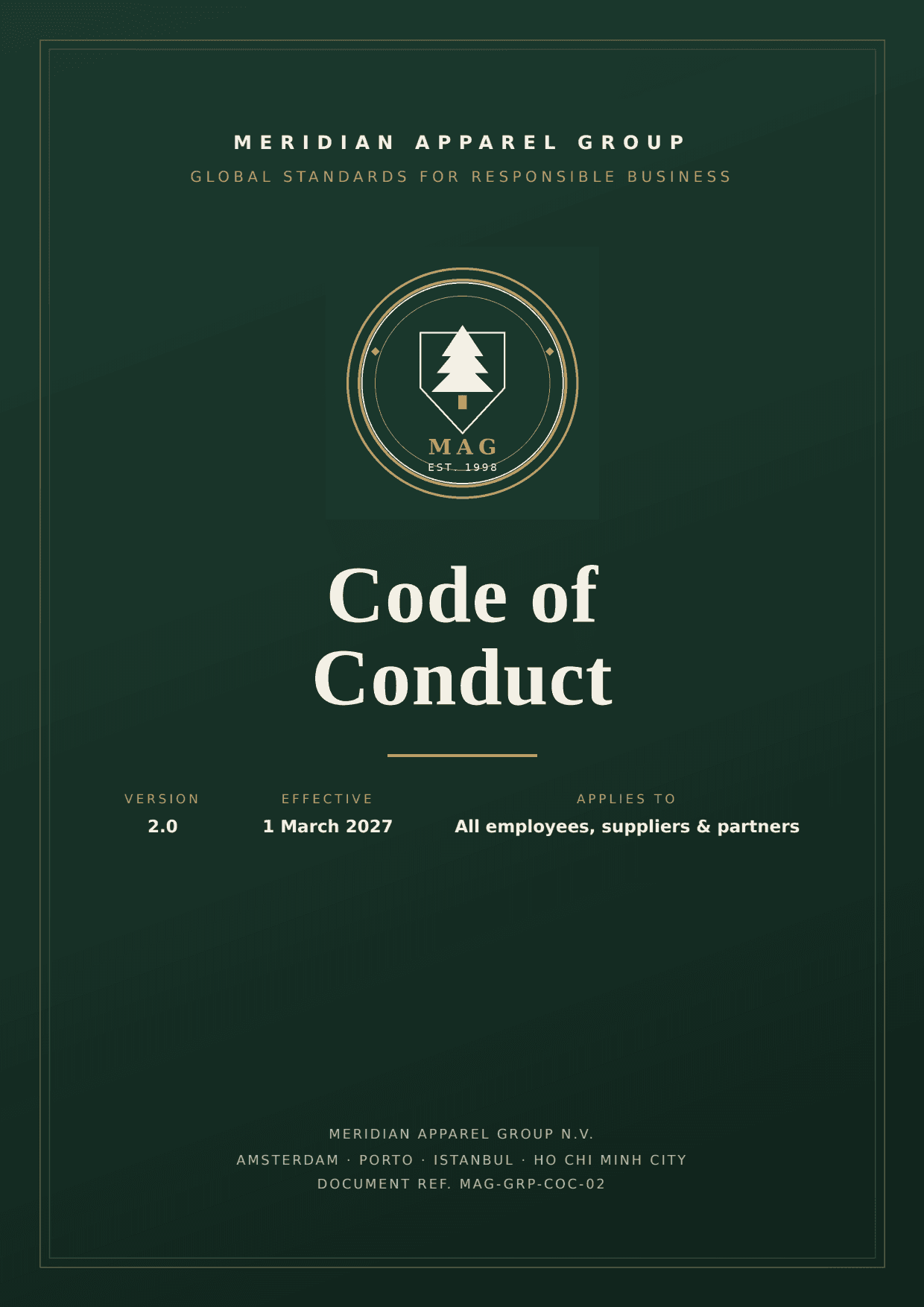 First page of MERIDIAN APPAREL GROUP - Code of Conduct v2.0, a PDF the platform produced