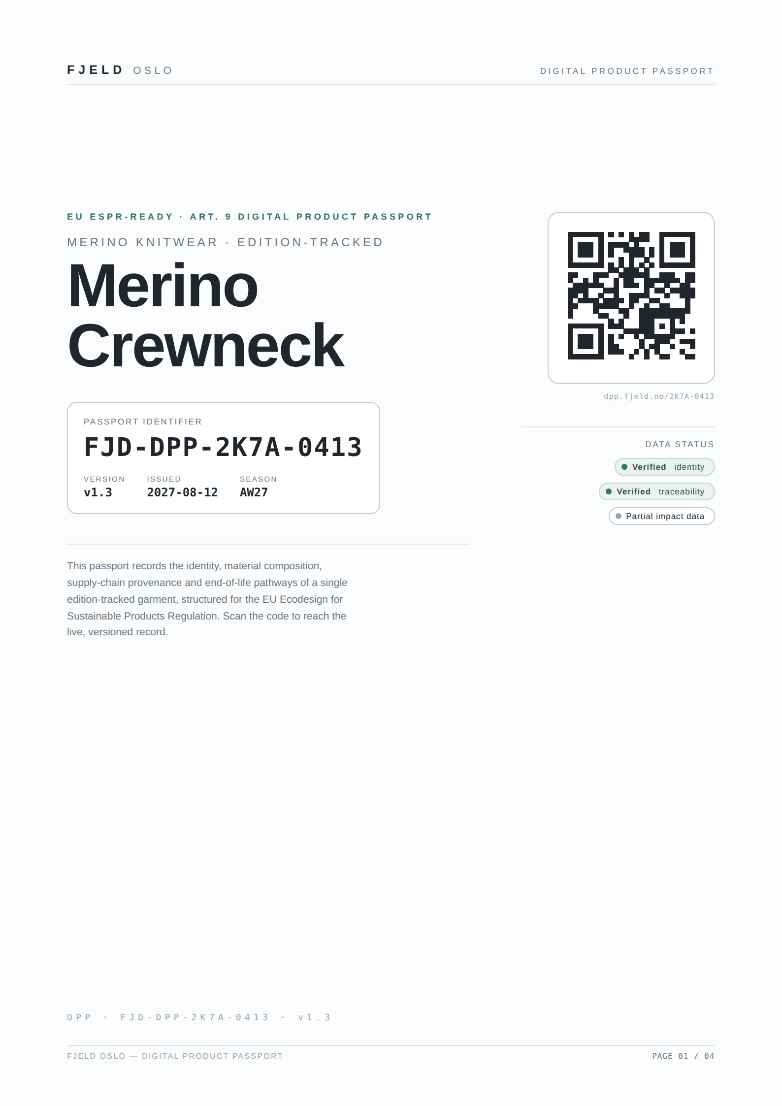 First page of Digital Product Passport - FJELD Merino Crewneck, a PDF the platform produced