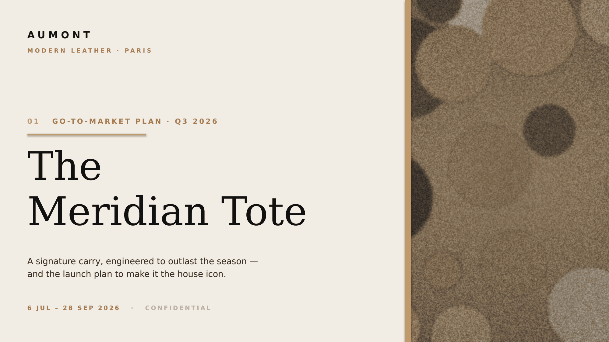 Page one of AUMONT - The Meridian Tote Go-To-Market Plan, a real Deck the platform produced