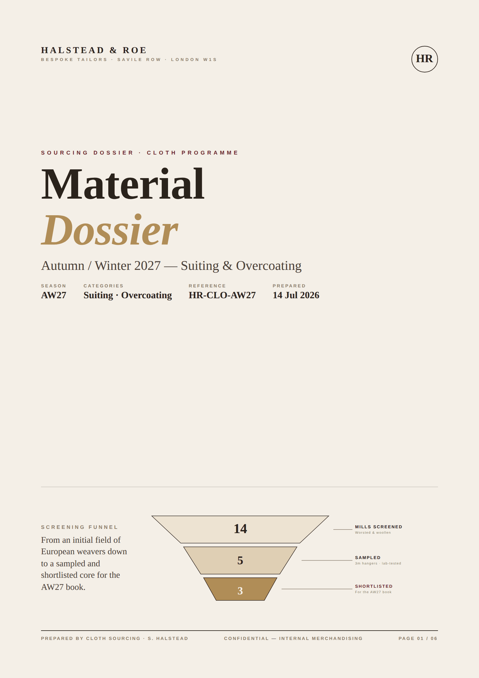 Material Dossier - Halstead & Roe AW27 Suiting & Overcoating, a pdf produced by the platform