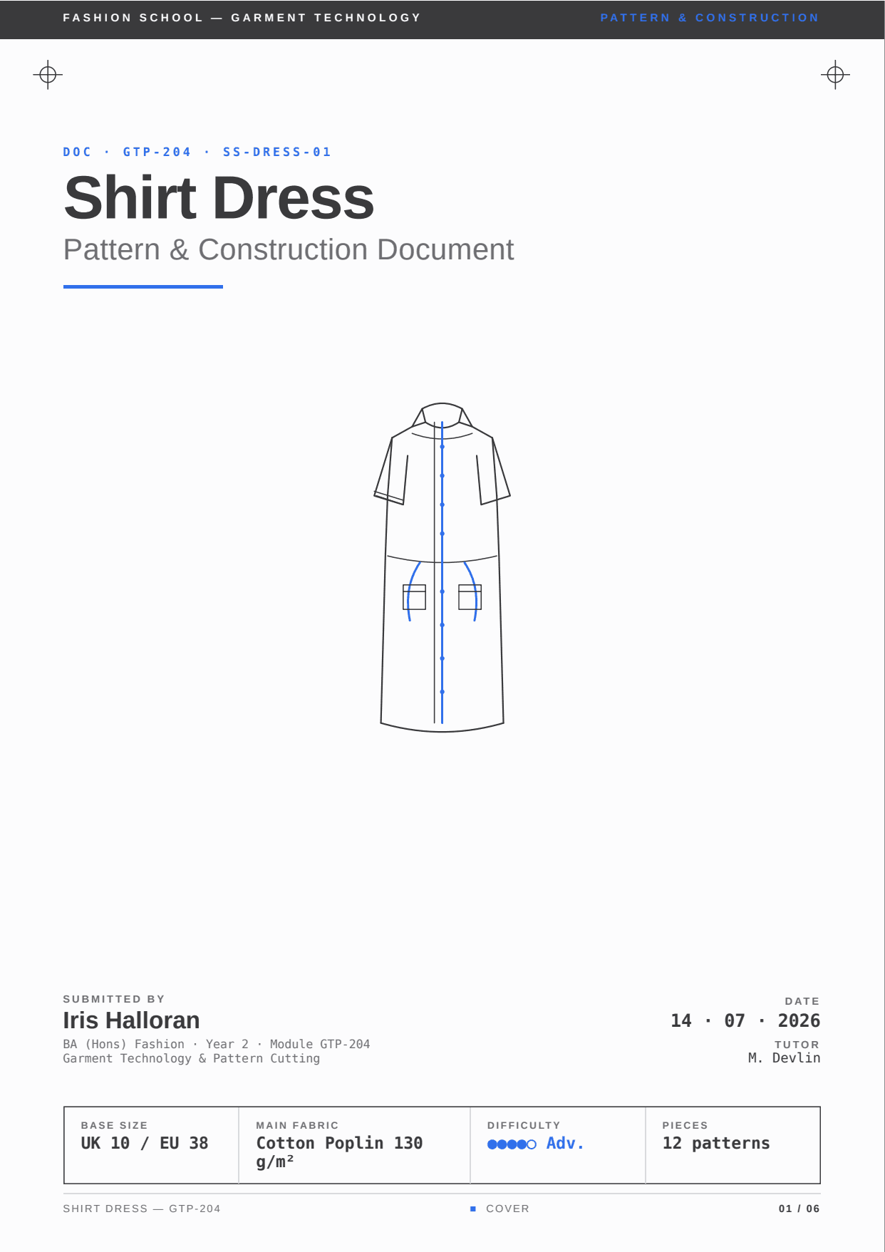 First page of Shirt Dress - Pattern & Construction, a PDF the platform produced