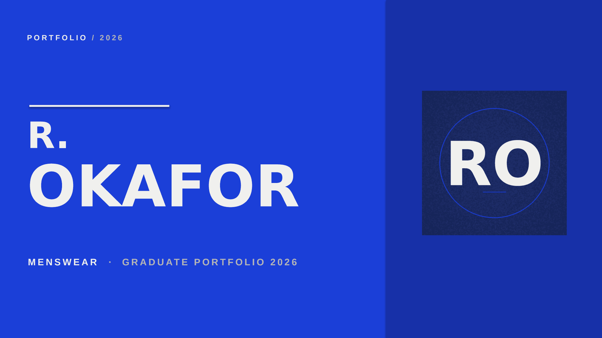 Page one of R. OKAFOR - Menswear Graduate Portfolio, a real Deck the platform produced