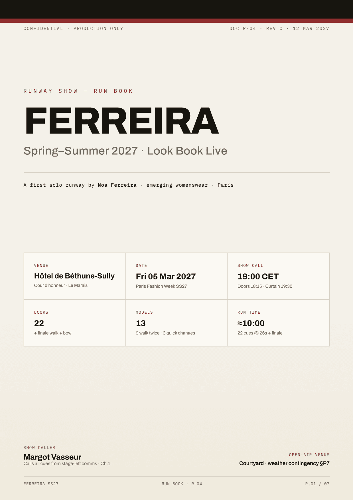 FERREIRA SS27 - Show Runbook - page 1, produced by McLeuker AI