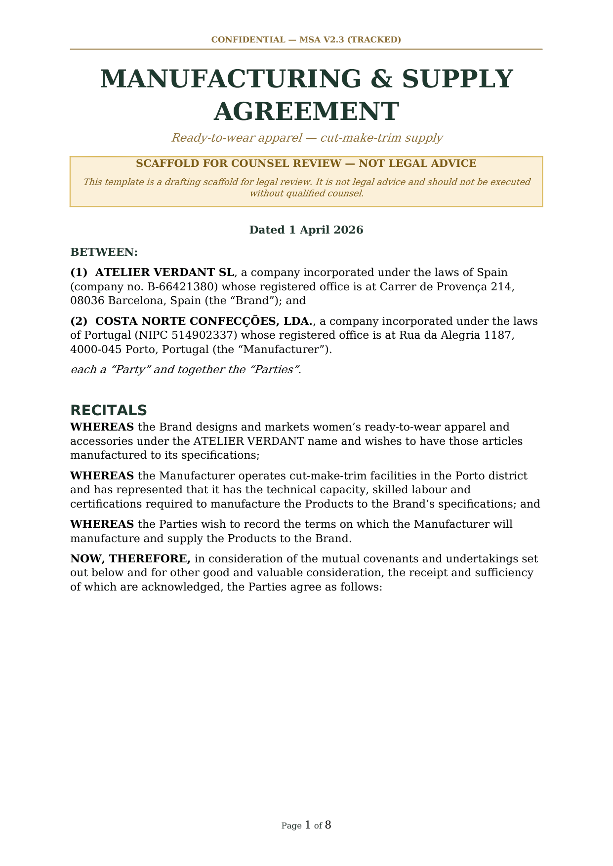 First page of Manufacturing & Supply Agreement, a Word the platform produced