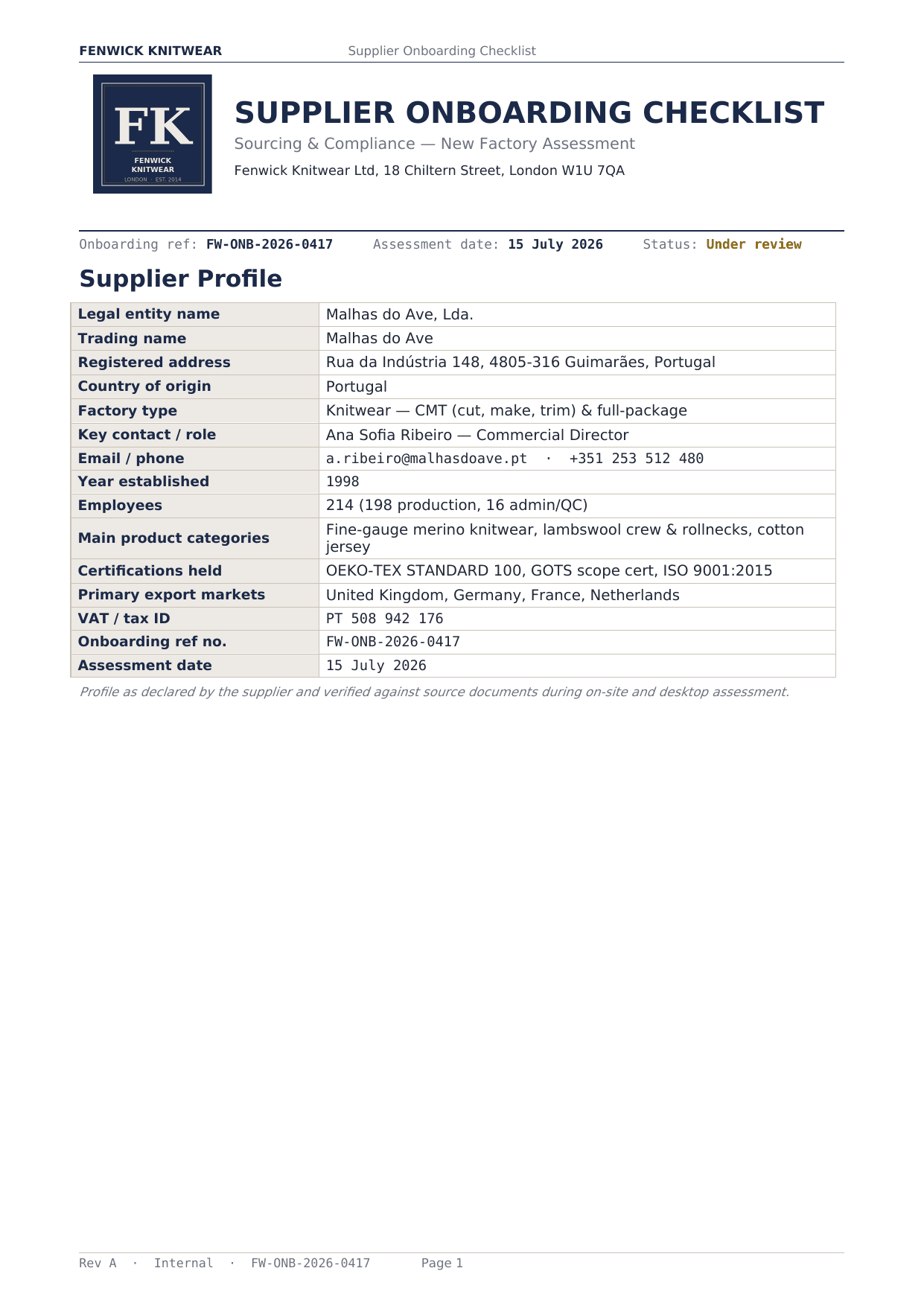 First page of Supplier Onboarding Checklist, a Word the platform produced