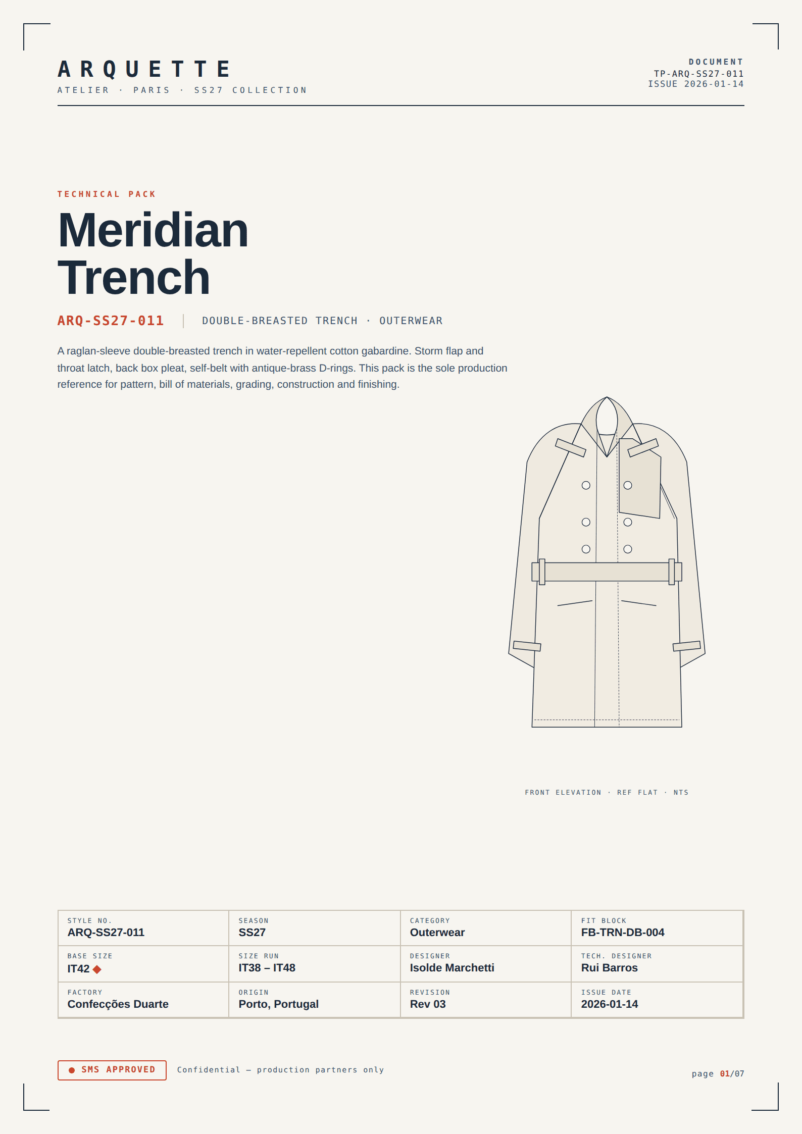 Page one of a technical pack generated by McLeuker AI, showing line-art flats and a measured specification table
