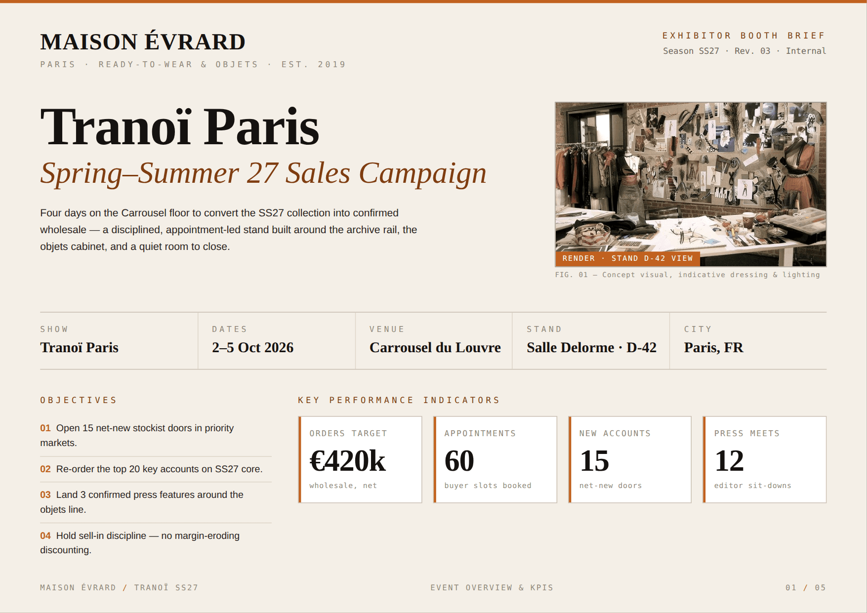 First page of Maison Évrard - Tranoï Paris SS27 Booth Brief, a PDF the platform produced