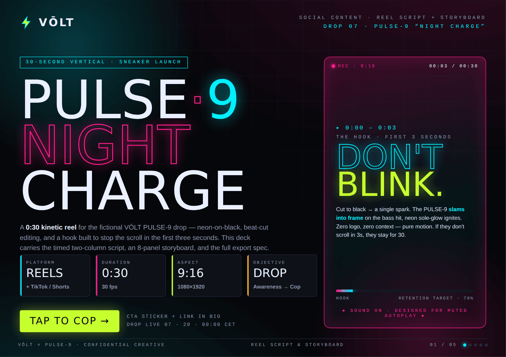 Page one of VŌLT PULSE-9 - 0:30 Reel Script & Storyboard, a real PDF the platform produced