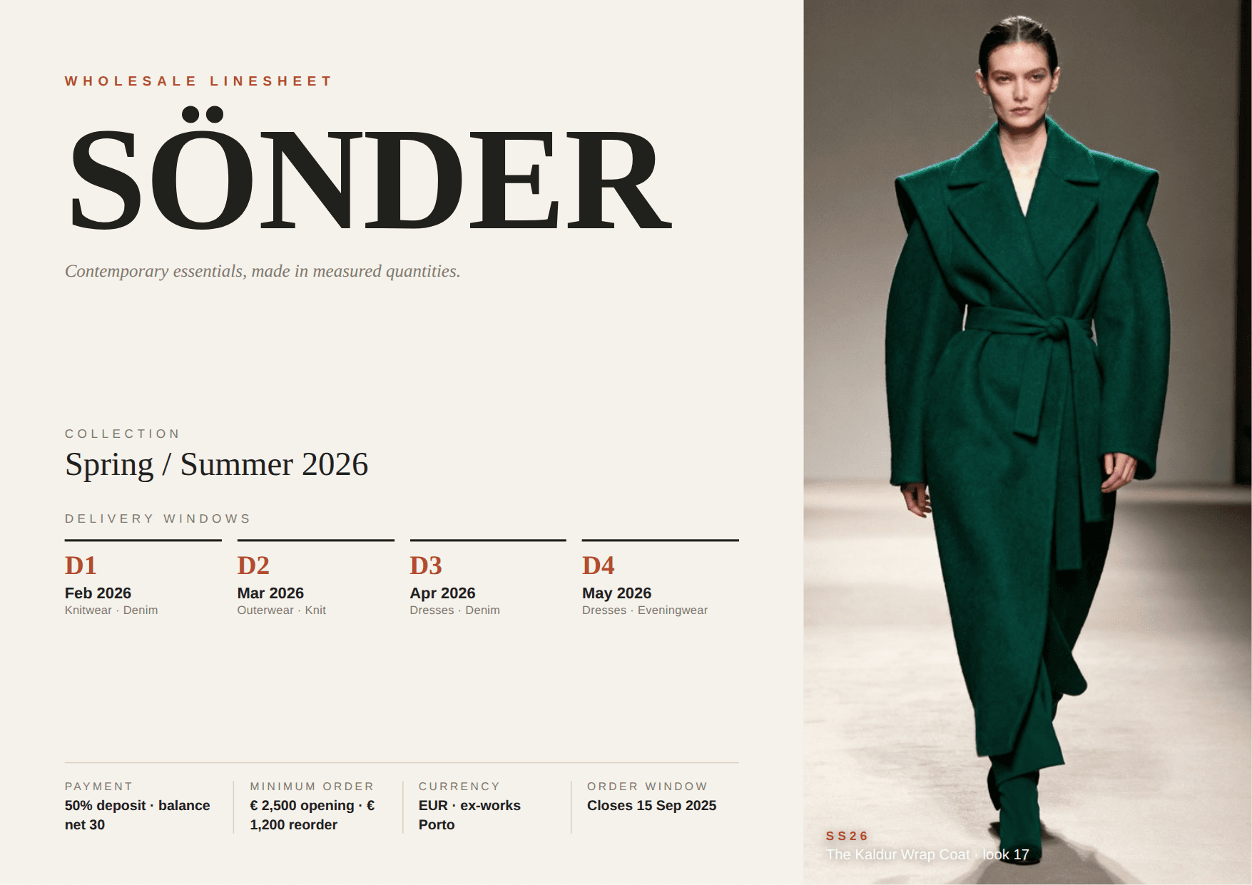 First page of SÖNDER - SS26 Wholesale Linesheet, a PDF the platform produced