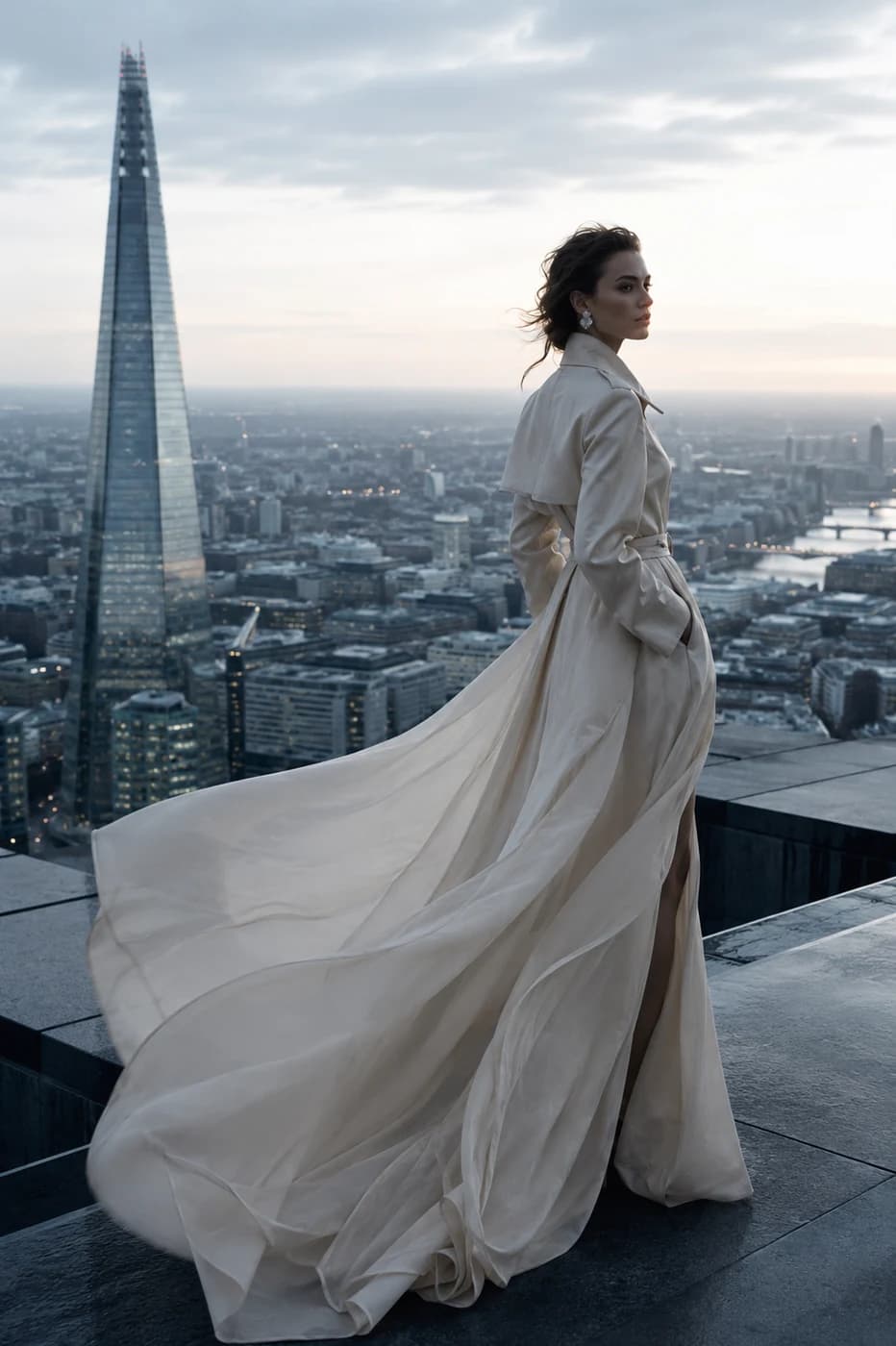 An on-location fashion image generated by McLeuker AI, on a London rooftop