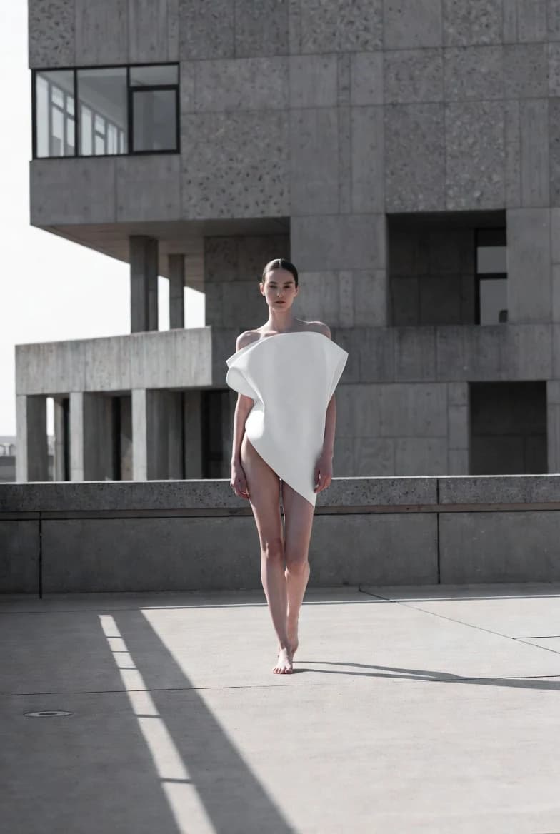 An editorial on-model fashion image generated by McLeuker AI