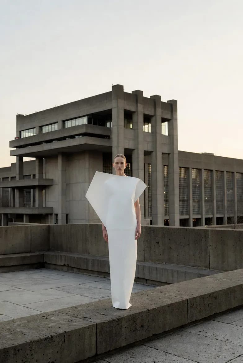 A floor-length white gown cut in flat folded panels with a squared shoulder, worn on the terrace of a brutalist concrete building at dusk