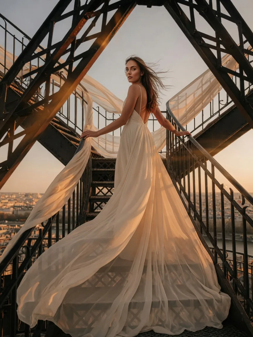 An ivory chiffon gown with a long train caught in the wind on an iron staircase, a city spread out below at golden hour