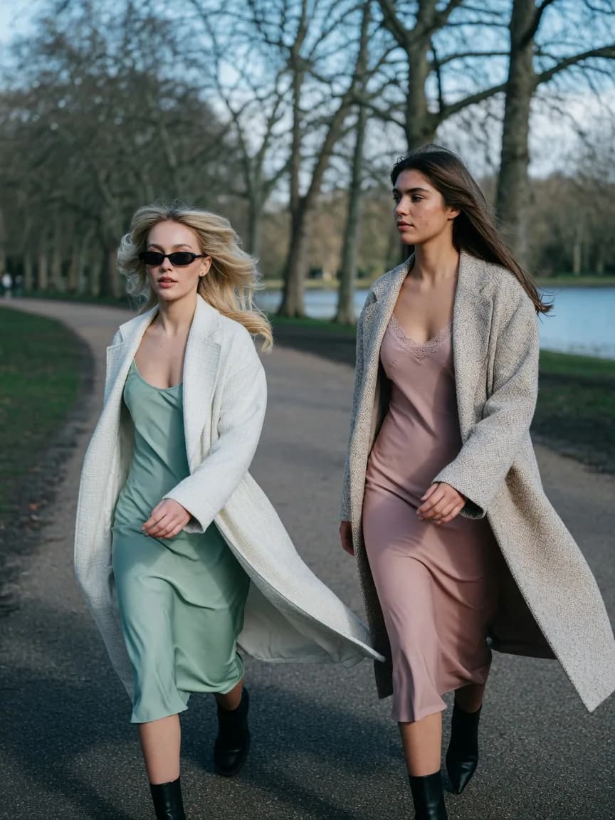 Two women walking a bare-treed park path in long neutral coats over pale slip dresses, one in sage and one in dusty rose
