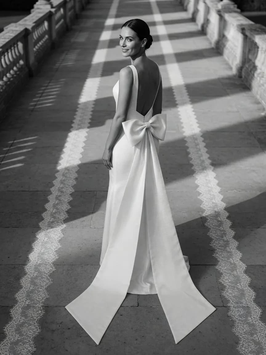 A black and white frame of an ivory faille gown with a deep open back and an oversized bow, seen from behind in a sunlit colonnade