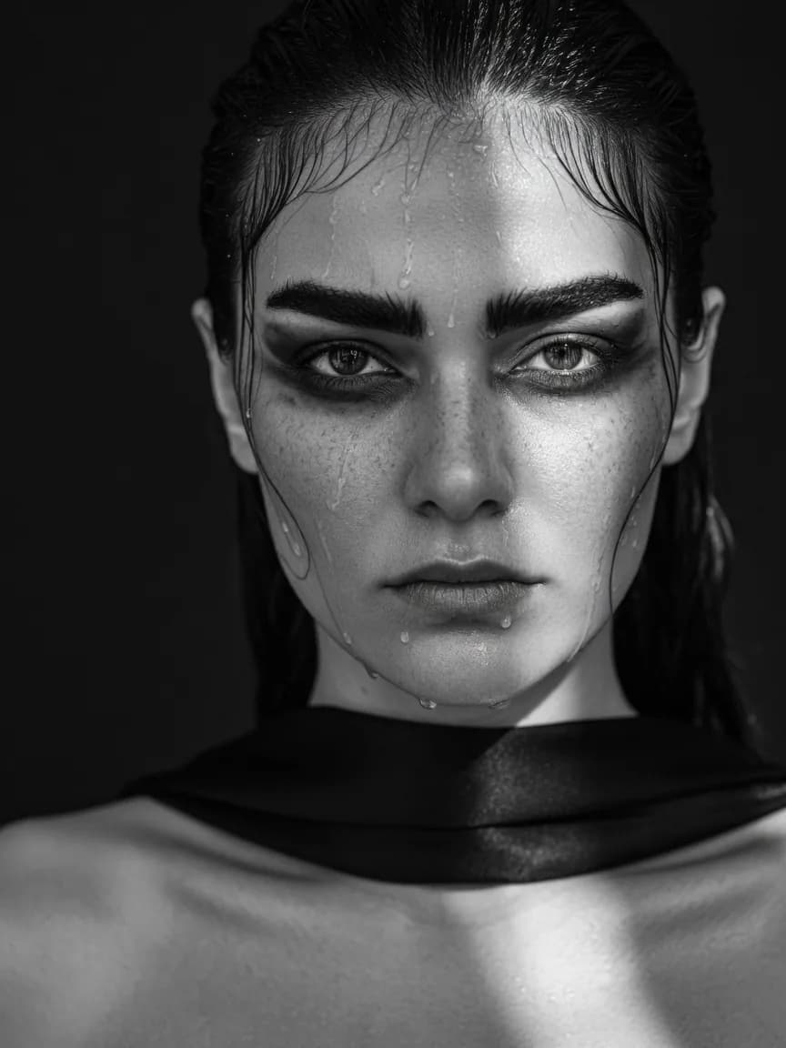 A black and white beauty portrait with wet swept-back hair, smudged liner and water running over the skin, a black satin collar at the shoulders