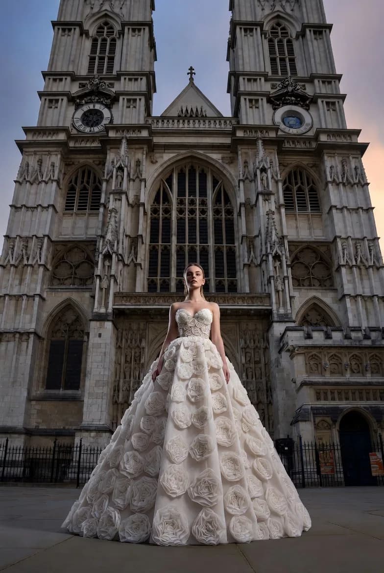 An ivory ball gown covered in hand-folded fabric rosettes, photographed from below against the twin towers of a gothic abbey