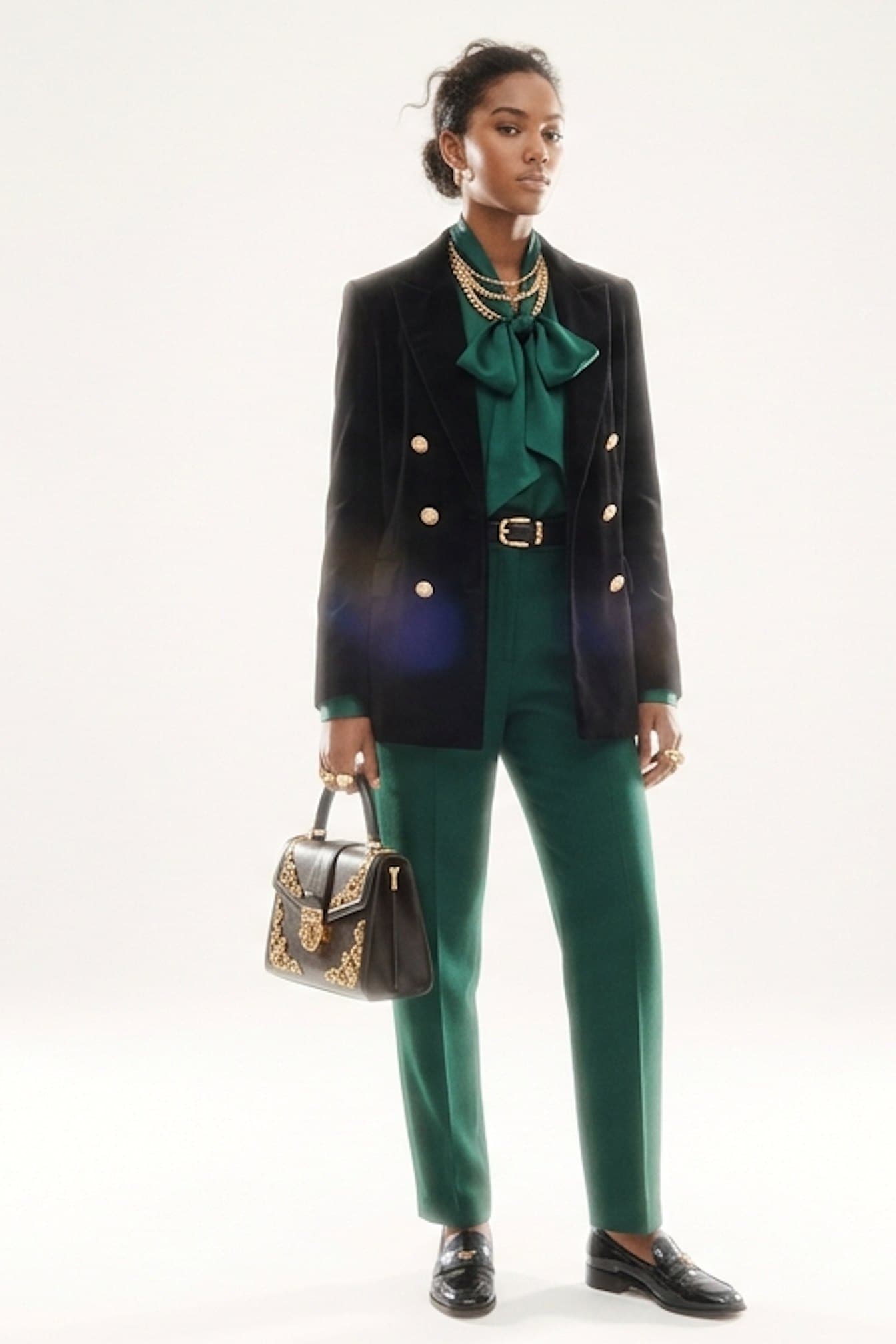 Black · dark updo, green velvet tailoring