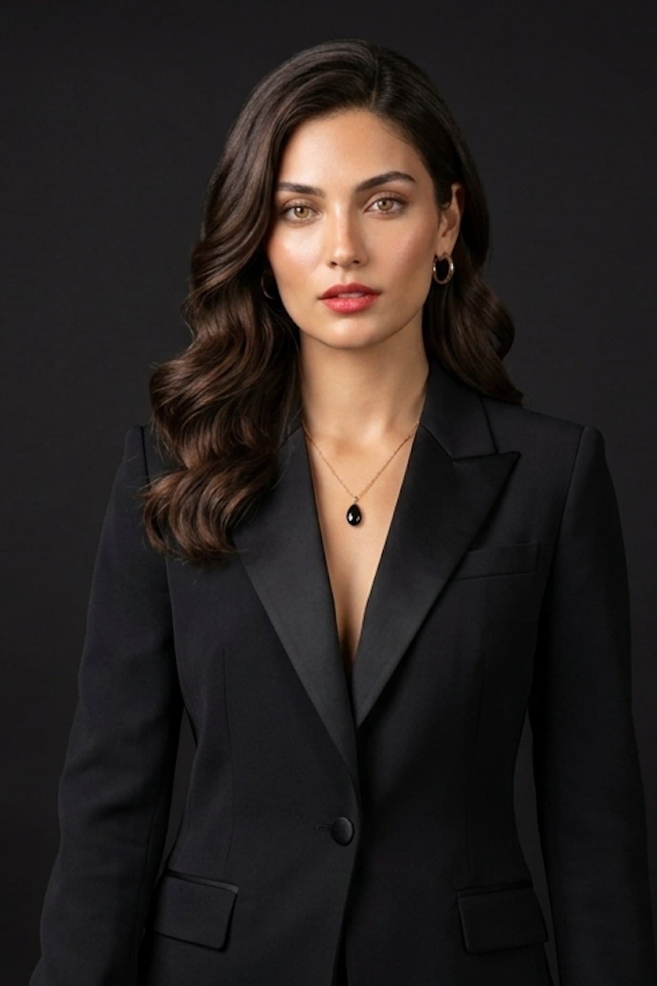 Brunette · soft waves, black satin blazer