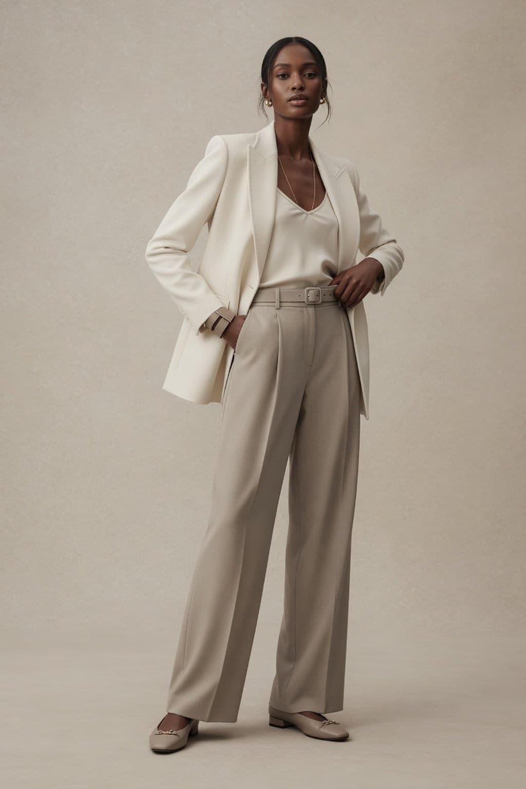 Black · sleek bun, cream tailoring