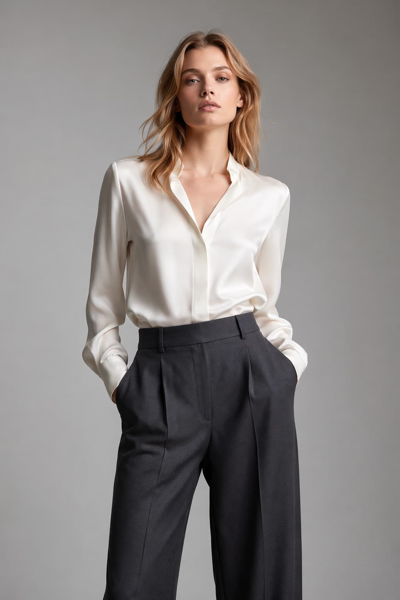 Blonde waves · charcoal trousers