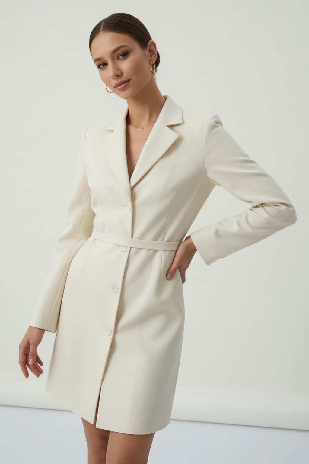 Brunette · cream blazer, studio