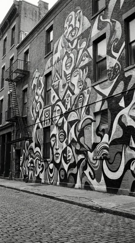 A fire-escape wall covered end to end in a dense figurative mural