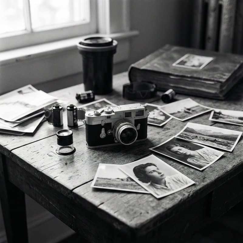 A desk of loose prints, contact sheets, a rangefinder camera and film canisters